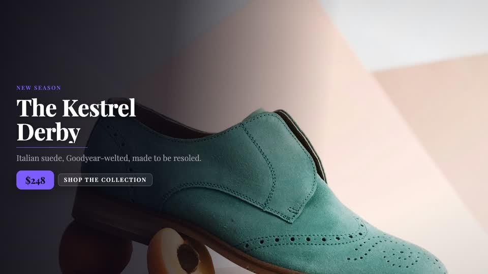 A product video for a suede derby shoe with price and call to action